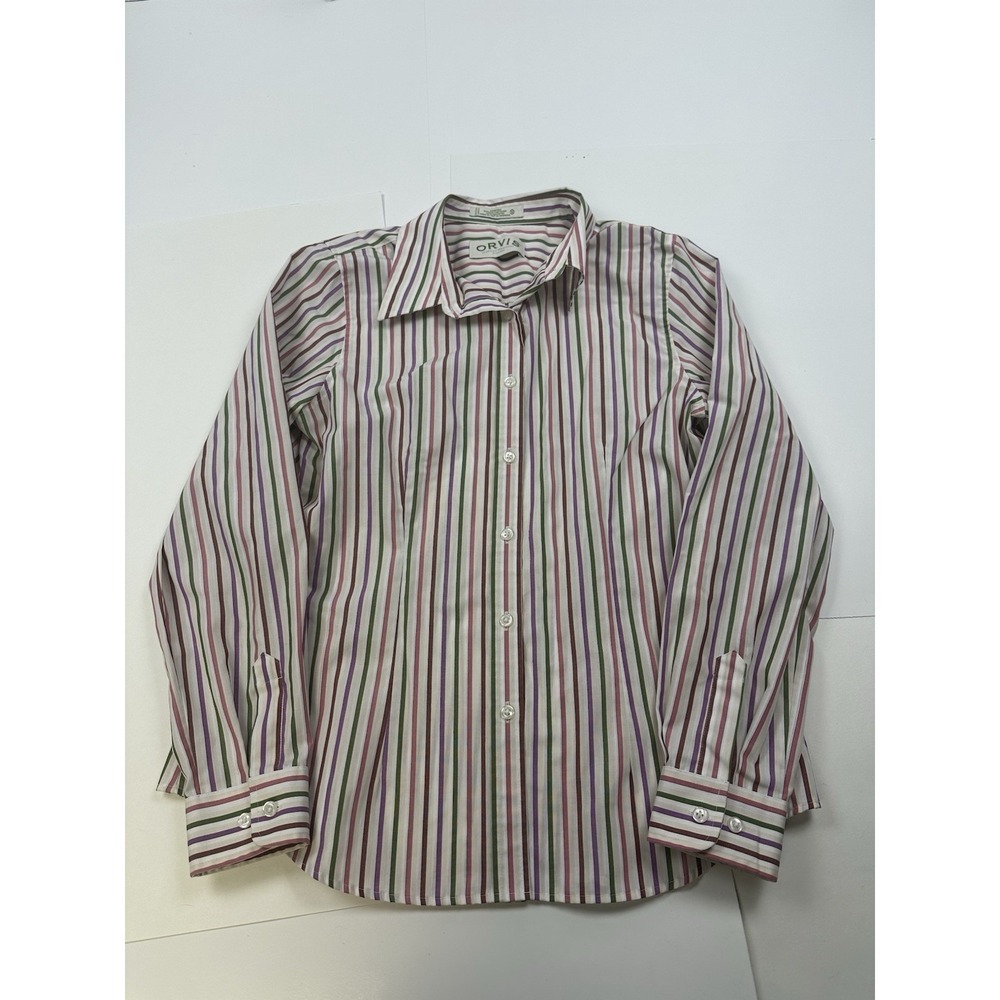 Orvis Dress Shirt Women 10 Striped Carefree Collared Button Down